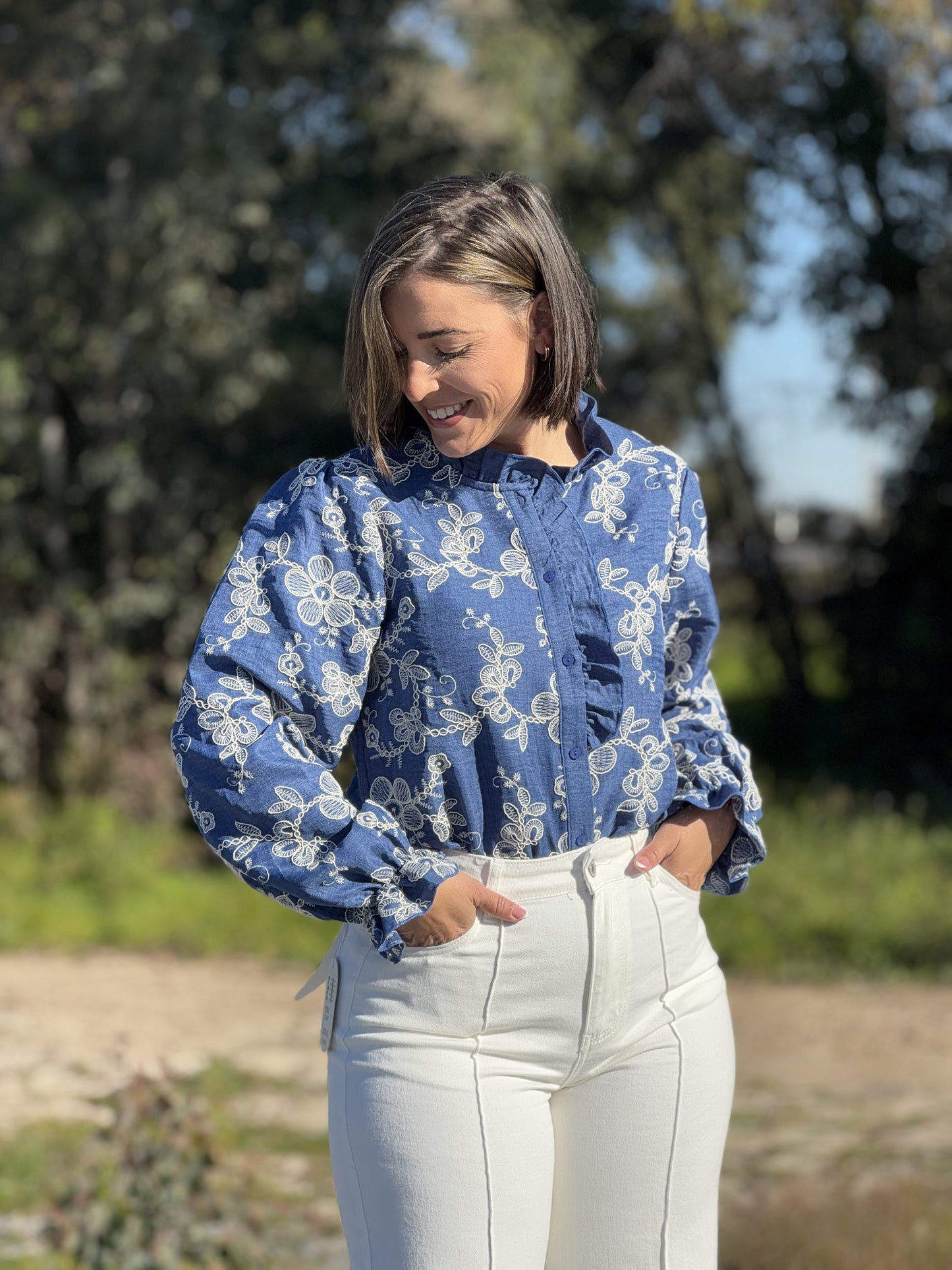 Camisa color Vaquero Estampada de Flores para Mujer