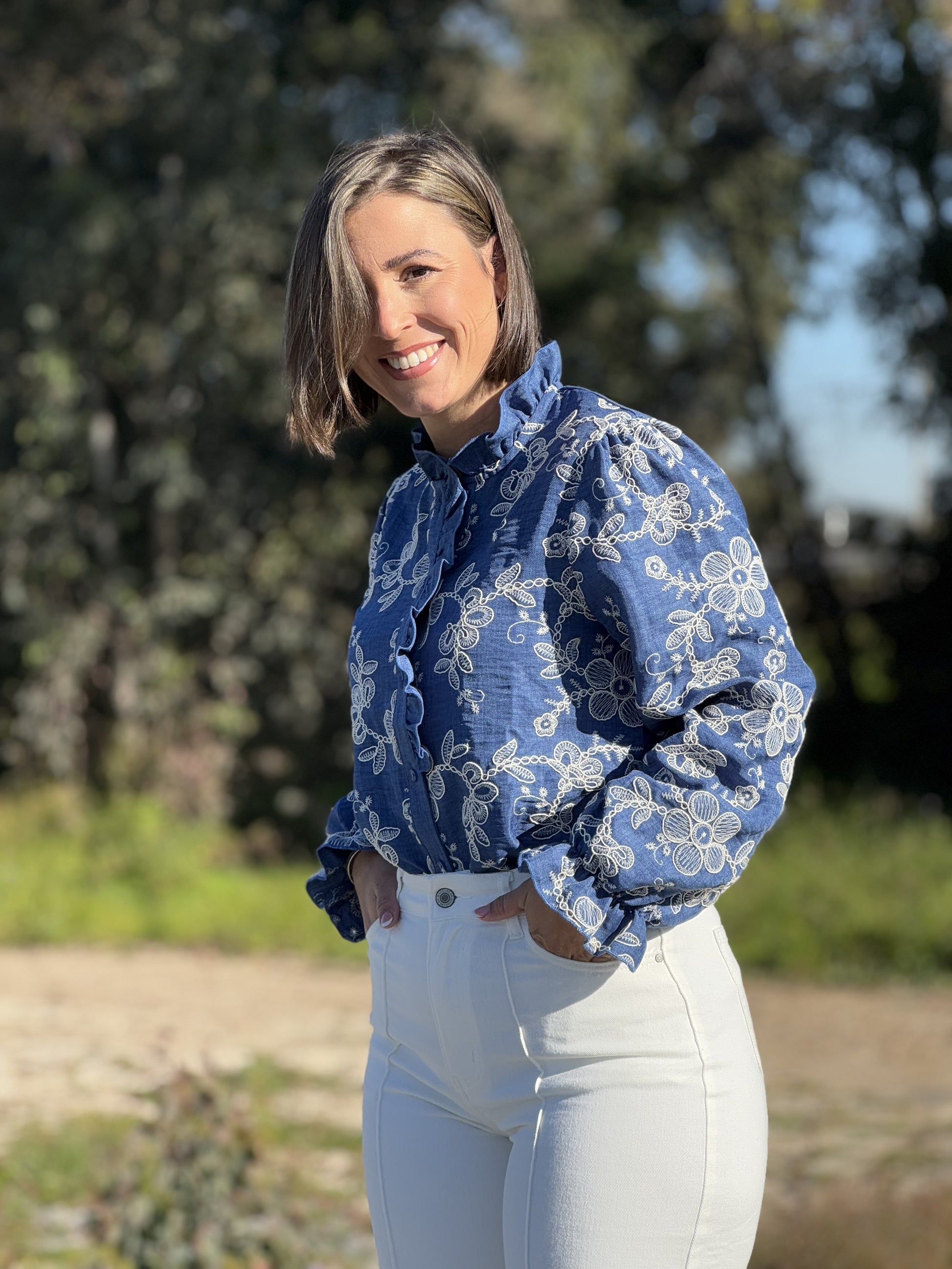 Camisa color Vaquero Estampada de Flores para Mujer