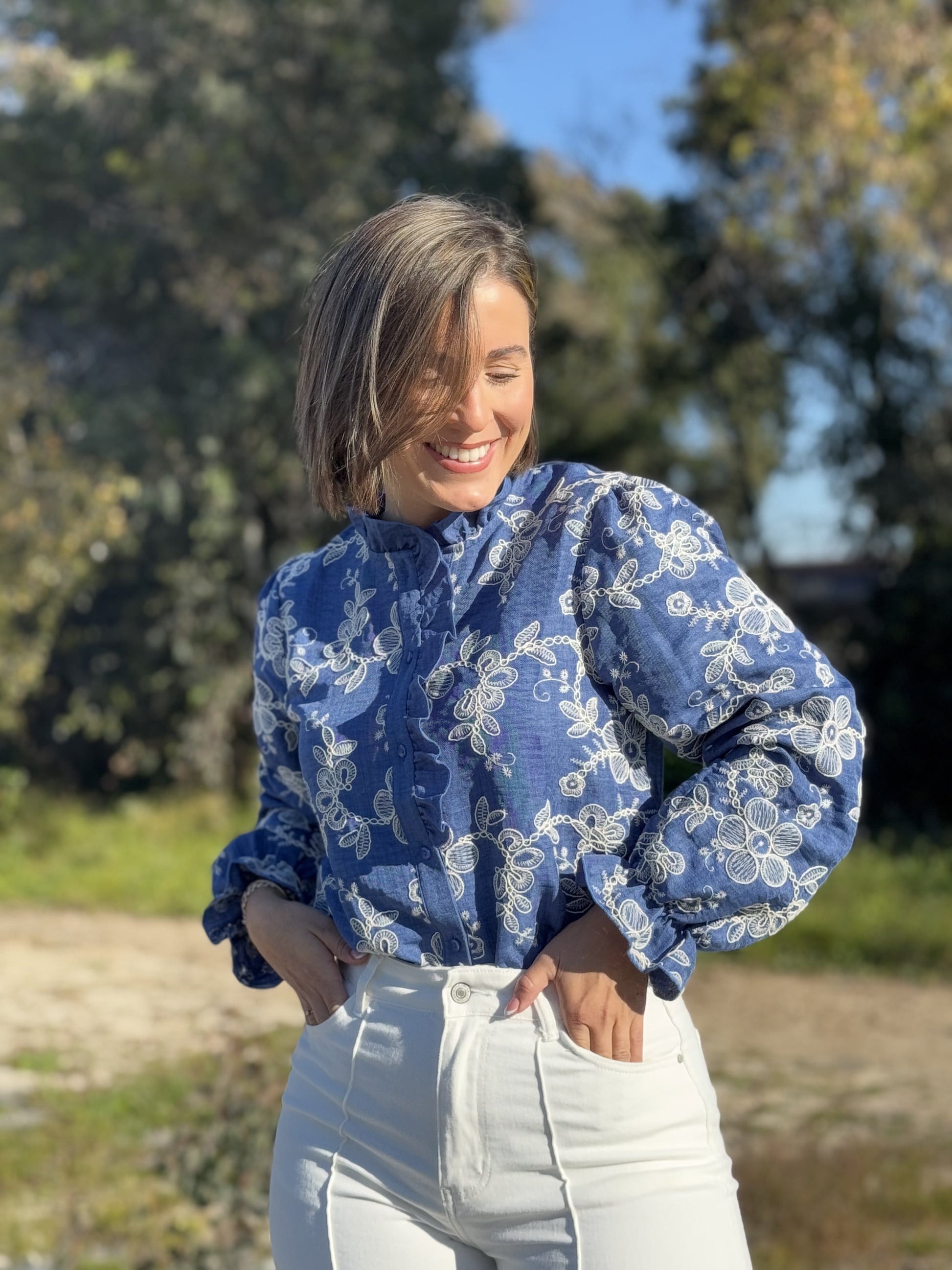 Camisa color Vaquero Estampada de Flores para Mujer